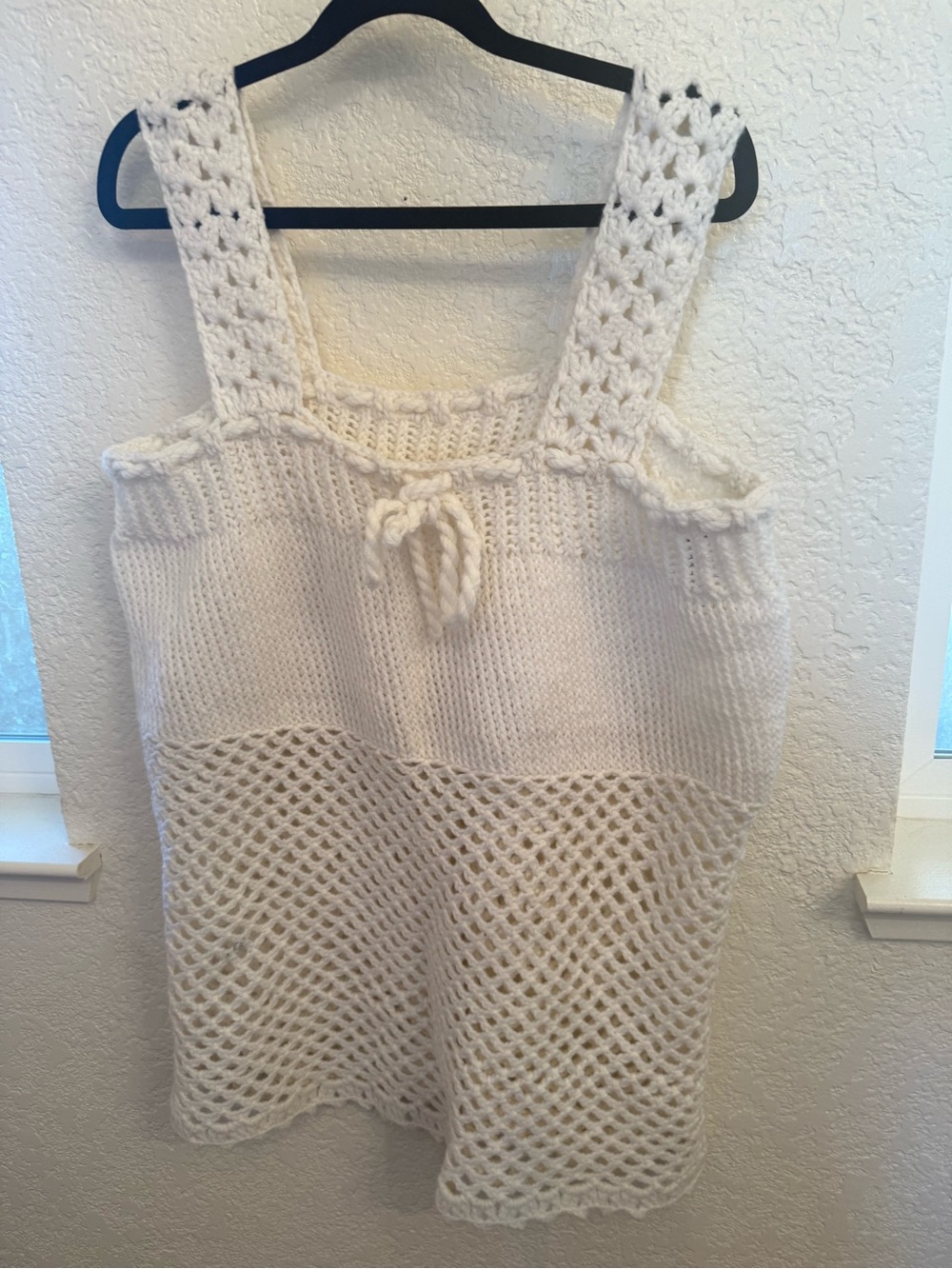 Handmade White Crochet Knit Tunic Top or Tank Tunic with Rope Tie
